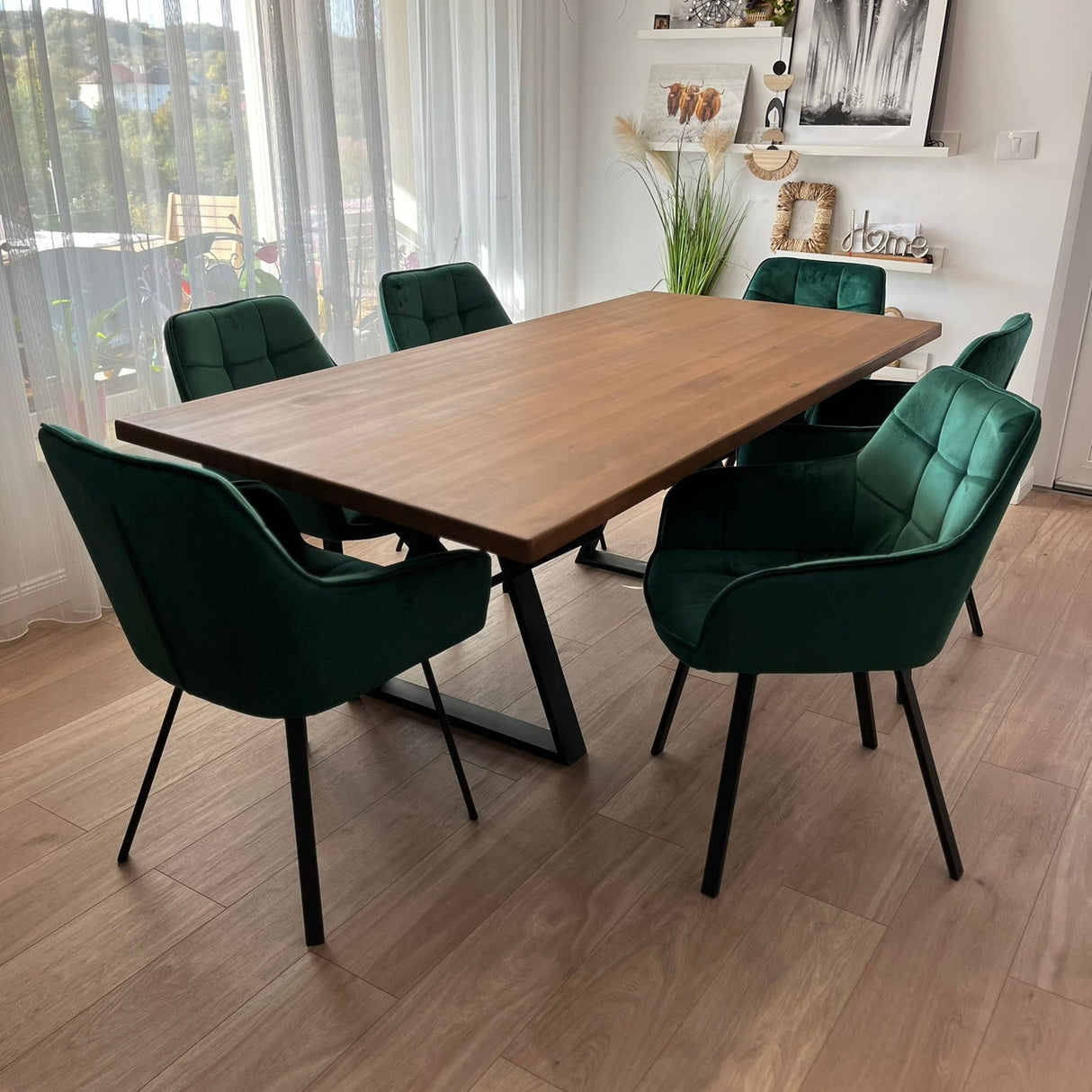 Set masa cu scaune bucatarie, dining,living, sufragerie, blat din lemn masiv cu picioare metalice moderne, scaune husa catifea verde, 6 persoane, set Maria