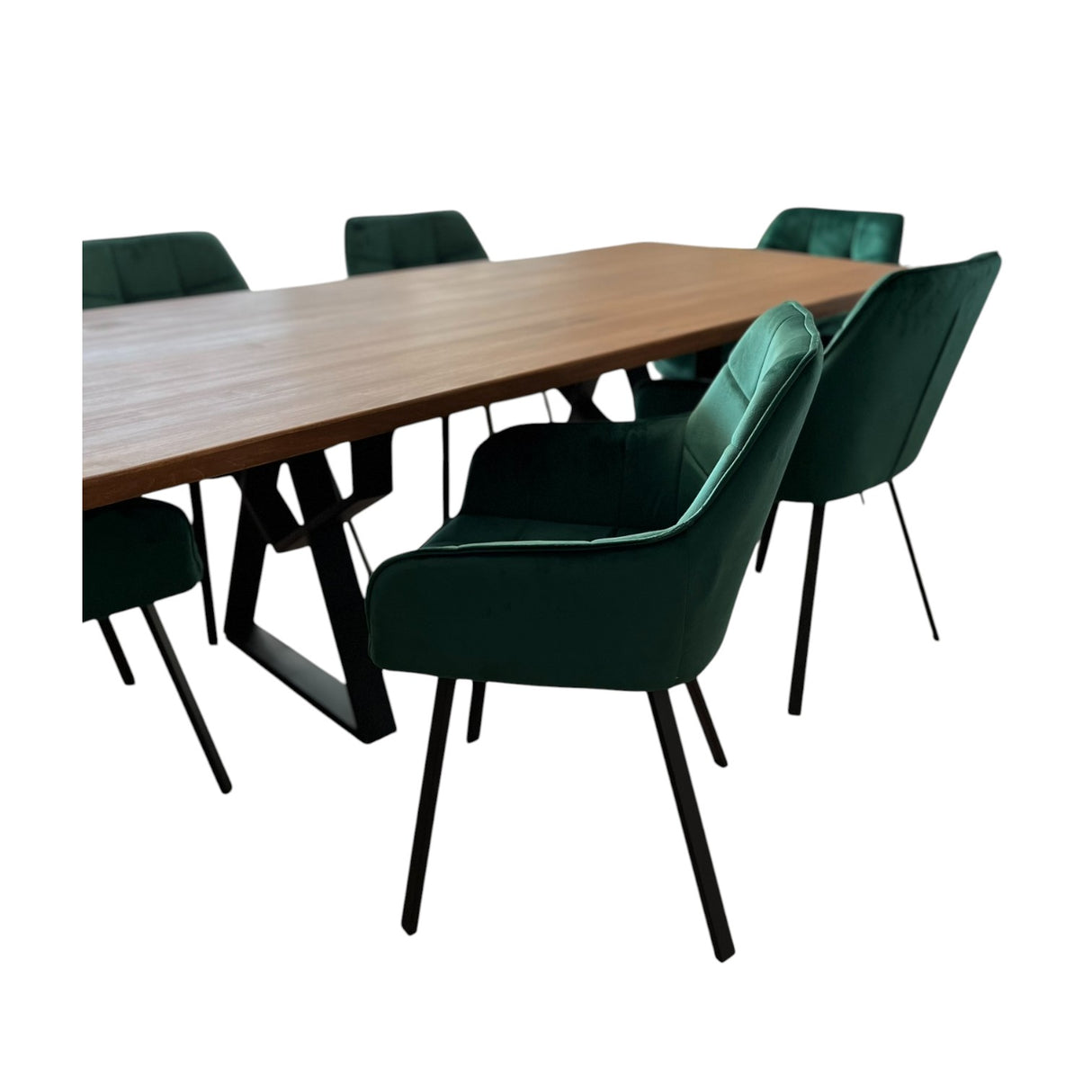 Set masa cu scaune bucatarie, dining,living, sufragerie, blat din lemn masiv cu picioare metalice moderne, scaune husa catifea verde, 6 persoane, set Maria