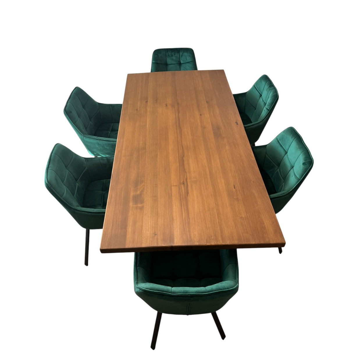 Set masa cu scaune bucatarie, dining,living, sufragerie, blat din lemn masiv cu picioare metalice moderne, scaune husa catifea verde, 6 persoane, set Maria