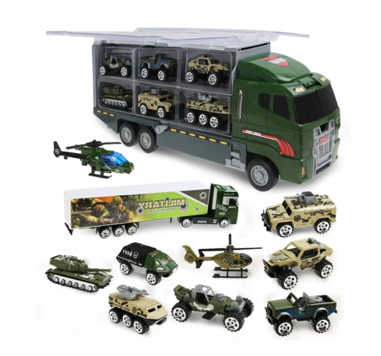 Set camion trailer de jucarie pentru transport , 7 piese, ambulanta, pompieri, , interactiva , red