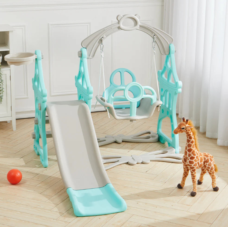 Set de joaca cu leagan detasabil ,tobogan si cos de baschet cu minge interior/exterior, roz roz