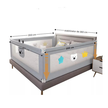Set 3 bariere protectie culisante + STABILIZATOR pentru pat, inaltime reglabila 68-98 cm, 160 cm 180 cm 200 cm