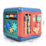 Jucarie interactiva si educativa tip cub, 6in1, multifunctional, diferite jocuri, activitati, figuri geometrice, angrenaje rotative, forme de sortat, din plastic,ROZ/ALBASTRU