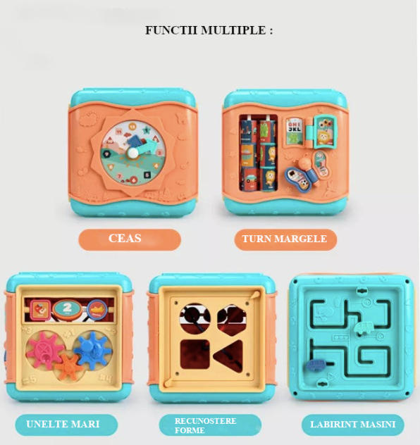 Jucarie interactiva si educativa tip cub, 6in1, multifunctional, diferite jocuri, activitati, figuri geometrice, angrenaje rotative, forme de sortat, din plastic,ROZ/ALBASTRU