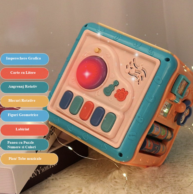 Jucarie interactiva si educativa tip cub, 6in1, multifunctional, diferite jocuri, activitati, figuri geometrice, angrenaje rotative, forme de sortat, din plastic,ROZ/ALBASTRU