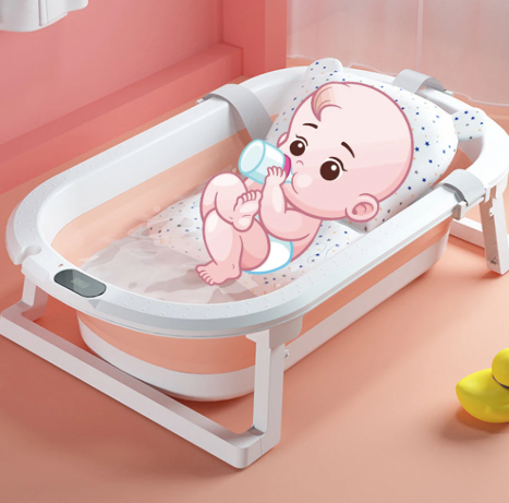 Cadita bebe cu suport, cadita de baie, pliabila, cu pernuta , termometru, usor de utilizat, picioare antiderapante, varsta 0-3 ani, albastru ROZ