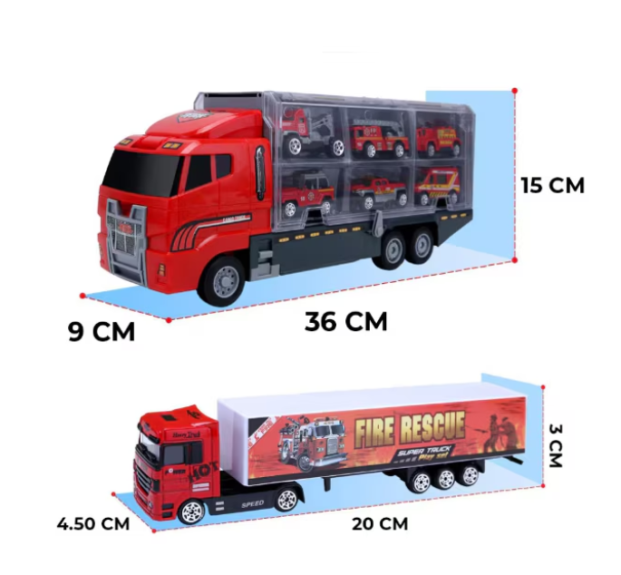 Set camion trailer de jucarie pentru transport , 7 piese, ambulanta, pompieri, , interactiva , red
