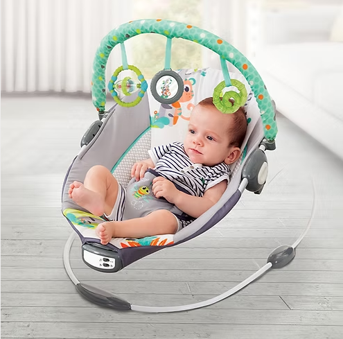 Leagan electric pentru bebe, cu vibratii si melodii, bara de activitati, ham reglabil, culoare gri turcoaz