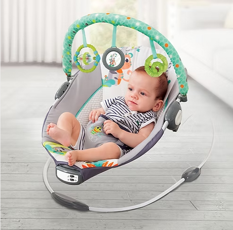 Leagan electric pentru bebe, cu vibratii si melodii, bara de activitati, ham reglabil, culoare gri turcoaz