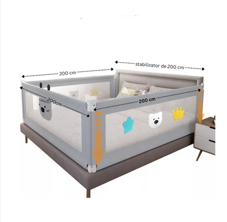 Set 3 bariere protectie culisante + STABILIZATOR pentru pat, inaltime reglabila 68-98 cm, 160 cm 180 cm 200 cm
