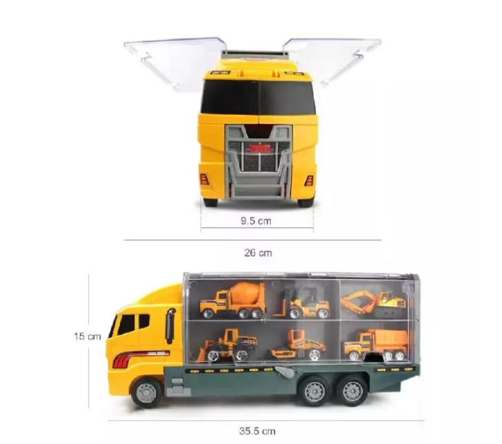 Set camion trailer de jucarie pentru transport , 7 piese, ambulanta, pompieri, , interactiva , red