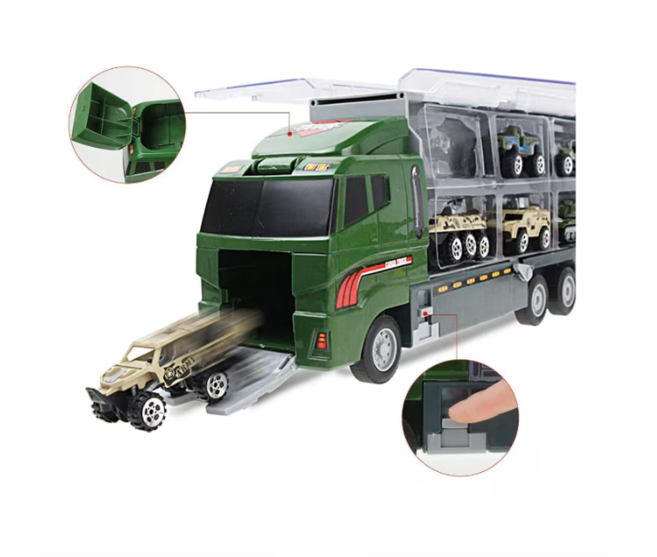 Set camion trailer de jucarie pentru transport , 7 piese, ambulanta, pompieri, , interactiva , red