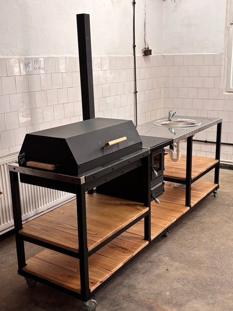 Ansamblu de gătit modular cu grătar gardina cărbuni, plită, sobiță, blat inox și chiuvetă - BUZ.RO