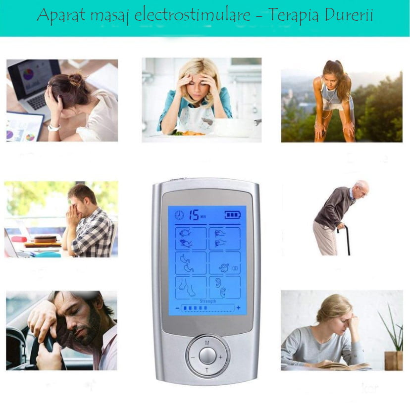 Aparat de masaj cu electrostimulare, terapia durerii, cu 4 electrozi, gri