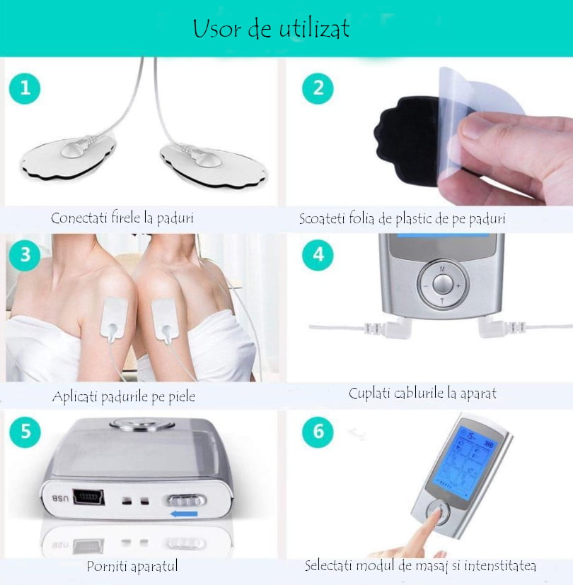 Aparat de masaj cu electrostimulare, terapia durerii, cu 4 electrozi, gri
