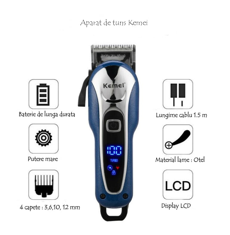 Aparat de tuns profesional Kemei cu acumulator, display LCD
