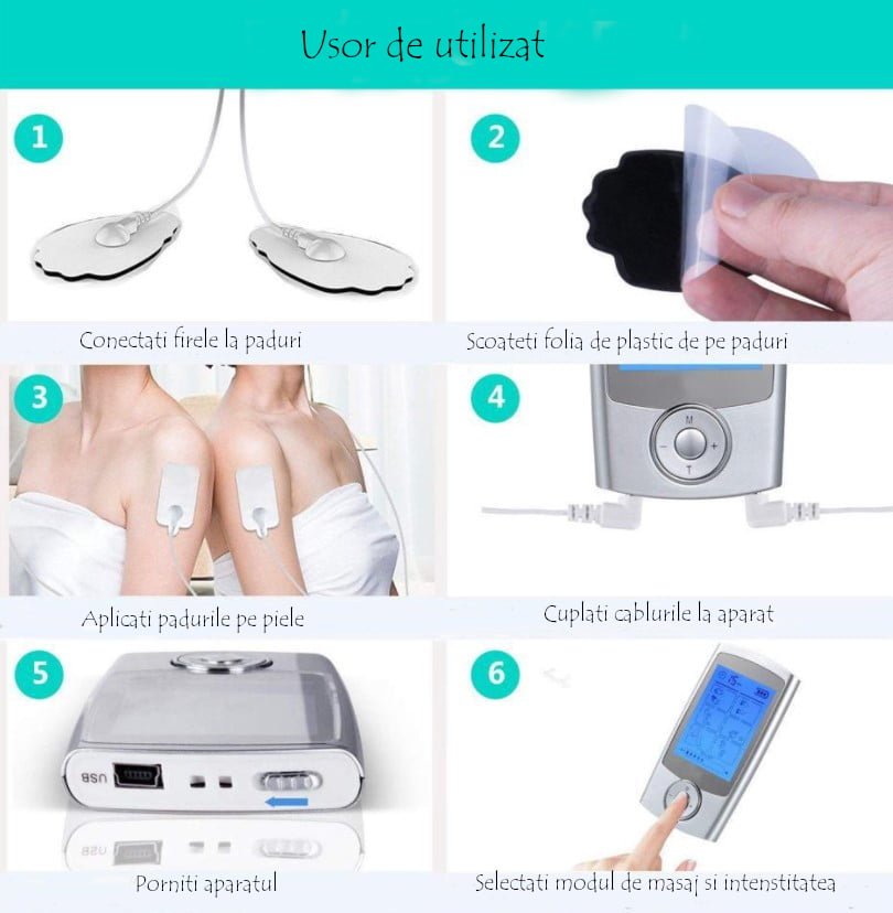 Aparat masaj cu Electrostimulare – 4 Electrozi, Terapie Dureri Musculare și Relaxare - BUZ.RO
