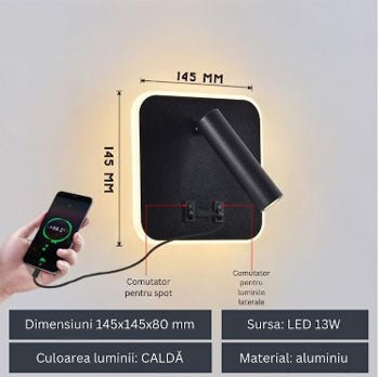 Aplica perete, spot luminos, lumina ambientala, port usb, 145x145 mm, slim, design modern - BUZ.RO