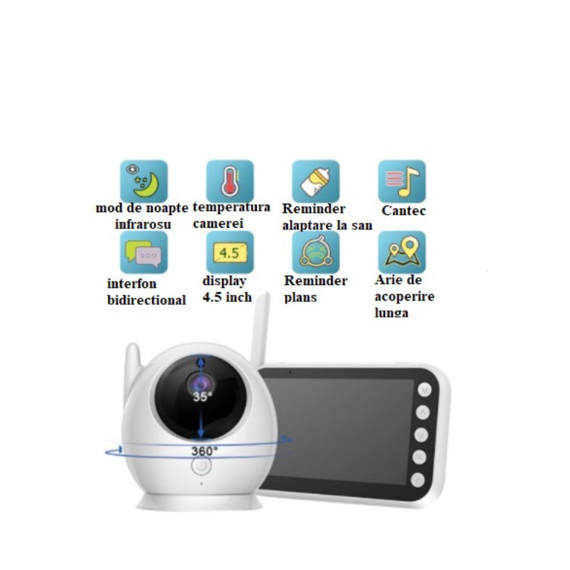 Baby monitor cu rotatie, 360 de grade, pentru camera copilului, monitorizare video bebelusi pentru interior, vedere pe timp de noapte, audio, bidirectional, transmisie wireless, alb