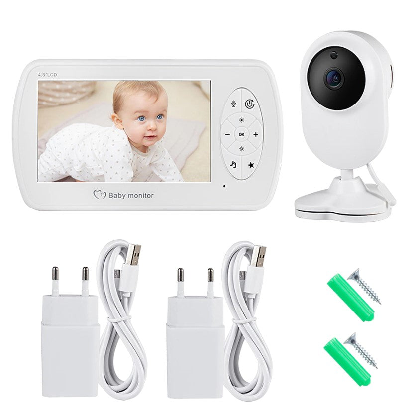Baby monitor pentru camera copilului , Wireless , HD 1080P si 4.3 inch, audio, bidirectional, senzori, viziune de noapte IR, 6 cantece, alb