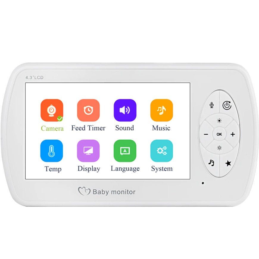 Baby monitor pentru camera copilului , Wireless , HD 1080P si 4.3 inch, audio, bidirectional, senzori, viziune de noapte IR, 6 cantece, alb - BUZ.RO