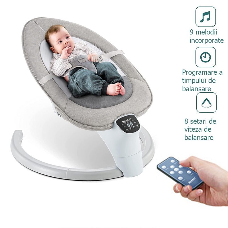 Balansoar bebelusi, leagan copii, electric, portabil, cu conectare la priza, telecomanda, timer si muzica, gri - BUZ.RO