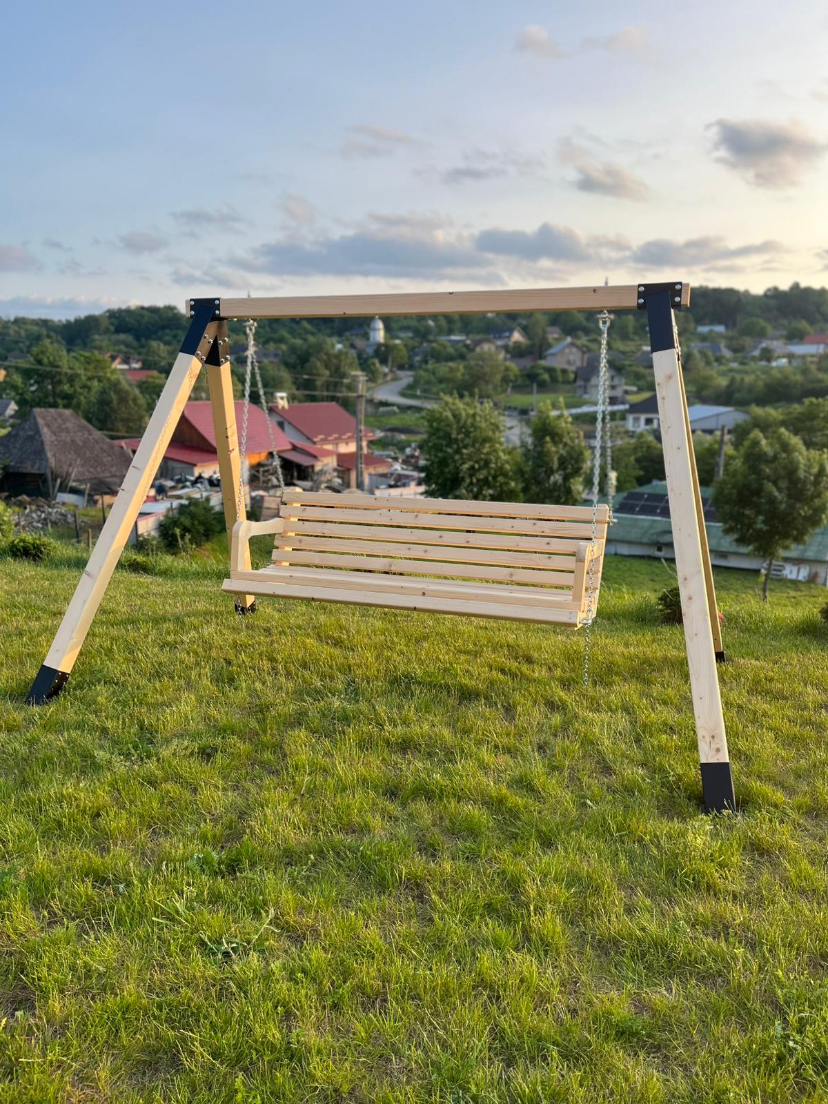 Balansoar / leagan gradina cu structura din lemn de brad, cu conectori metalici, rustic, 3 persoane, set pentru terasa / curte, culoare natur, 150 KG - BUZ.RO