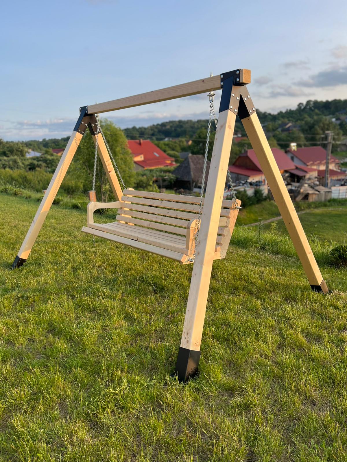 Balansoar / leagan gradina cu structura din lemn de brad, cu conectori metalici, rustic, 3 persoane, set pentru terasa / curte, culoare natur, 150 KG - BUZ.RO