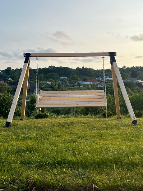 Balansoar / leagan gradina cu structura din lemn de brad, cu conectori metalici, rustic, 3 persoane, set pentru terasa / curte, culoare natur, 150 KG - BUZ.RO