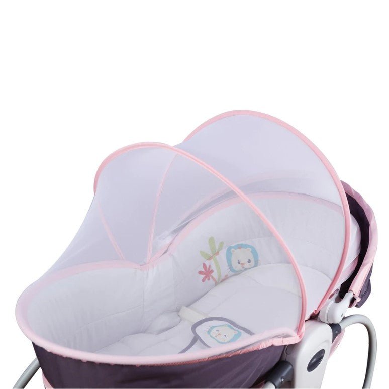 Balansoar pentru bebe, leagan 5in1, multifunctional, carusel muzical inclus, vibratii, plasa de tantari, spatar reglabil, mov - BUZ.RO