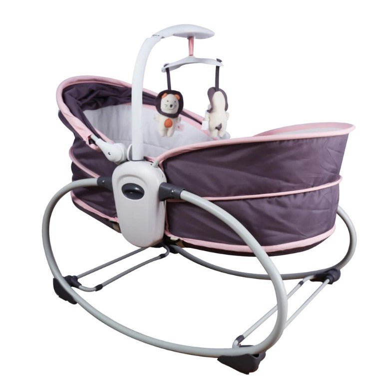 Balansoar pentru bebe, leagan 5in1, multifunctional, carusel muzical inclus, vibratii, plasa de tantari, spatar reglabil, mov - BUZ.RO