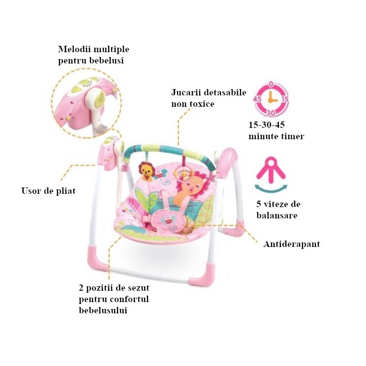 Balansoar pentru bebe, leagan electric, muzical, cu bara de activitati, telecomanda, timer, centura siguranta, roz - BUZ.RO