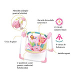 Balansoar pentru bebe, leagan electric, muzical, cu bara de activitati, telecomanda, timer, centura siguranta, roz