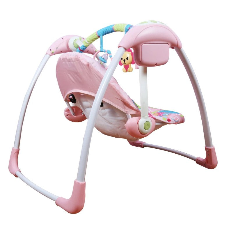 Balansoar pentru bebe, leagan electric, muzical, cu bara de activitati, telecomanda, timer, centura siguranta, roz