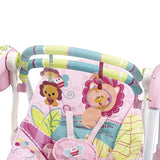 Balansoar pentru bebe, leagan electric, muzical, cu bara de activitati, telecomanda, timer, centura siguranta, roz