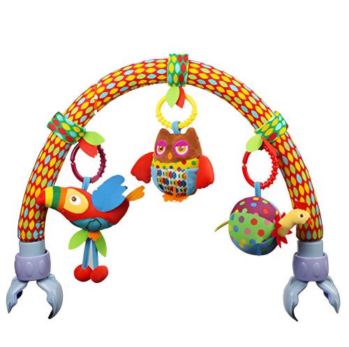 Bara de activitati cu jucarii senzoriale pentru bebelusi, balansoar, patut sau carucior, bufnita, papagal, gaina - BUZ.RO