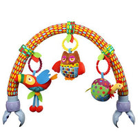 Bara de activitati cu jucarii senzoriale pentru bebelusi, balansoar, patut sau carucior, bufnita, papagal, gaina