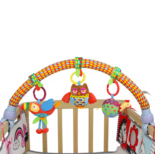 Bara de activitati cu jucarii senzoriale pentru bebelusi, balansoar, patut sau carucior, bufnita, papagal, gaina - BUZ.RO