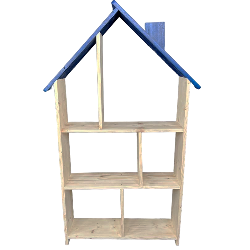 Biblioteca tip casuta din lemn cu organizator in 3 etaje si suport pentru creioane, 138x70x18 cm, albastru, buz