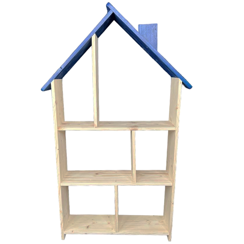 Biblioteca tip casuta din lemn cu organizator in 3 etaje si suport pentru creioane, 138x70x18 cm, albastru, buz