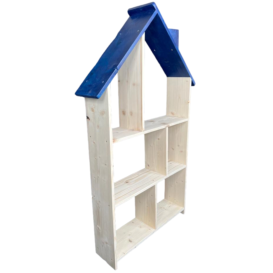 Biblioteca tip casuta din lemn cu organizator in 3 etaje si suport pentru creioane, 138x70x18 cm, albastru, buz
