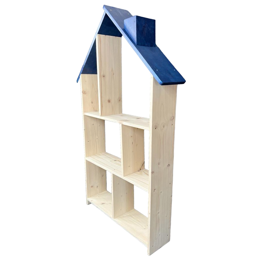 Biblioteca tip casuta din lemn cu organizator in 3 etaje si suport pentru creioane, 138x70x18 cm, albastru, buz