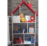 Bibliotecă tip căsuță din lemn, organizator birou cu 3 etaje, suport creioane, 138x70x18 cm - BUZ.RO