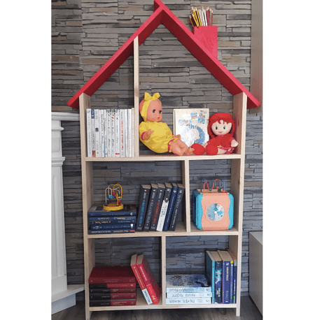 Bibliotecă tip căsuță din lemn, organizator birou cu 3 etaje, suport creioane, 138x70x18 cm - BUZ.RO