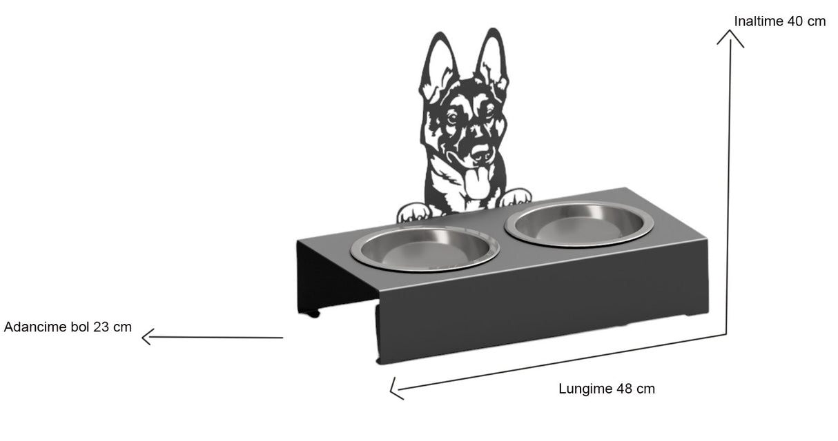 Bol pentru mancare si apa catei , din inox cu decor in forma de catel 48x40x23 cm