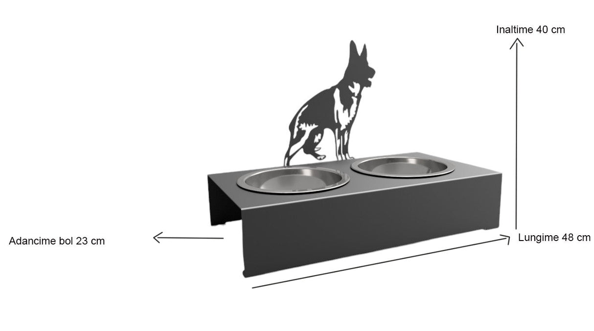 Bol pentru mancare si apa catei , din inox cu decor in forma de catel lup 48x40x25 cm - BUZ.RO
