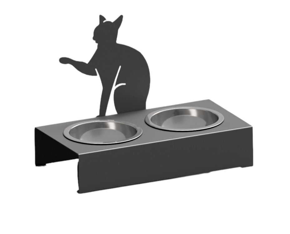Bol pentru mancare si apa pisici , din inox cu decor in forma de pisica 48x40x23cm