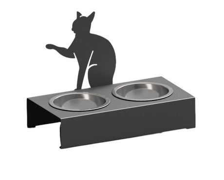Bol pentru mancare si apa pisici , din inox cu decor in forma de pisica 48x40x23cm - BUZ.RO