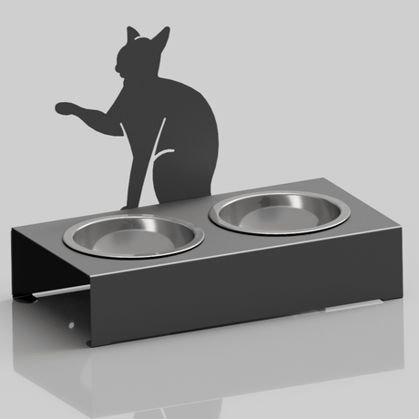 Bol pentru mancare si apa pisici , din inox cu decor in forma de pisica 48x40x23cm - BUZ.RO