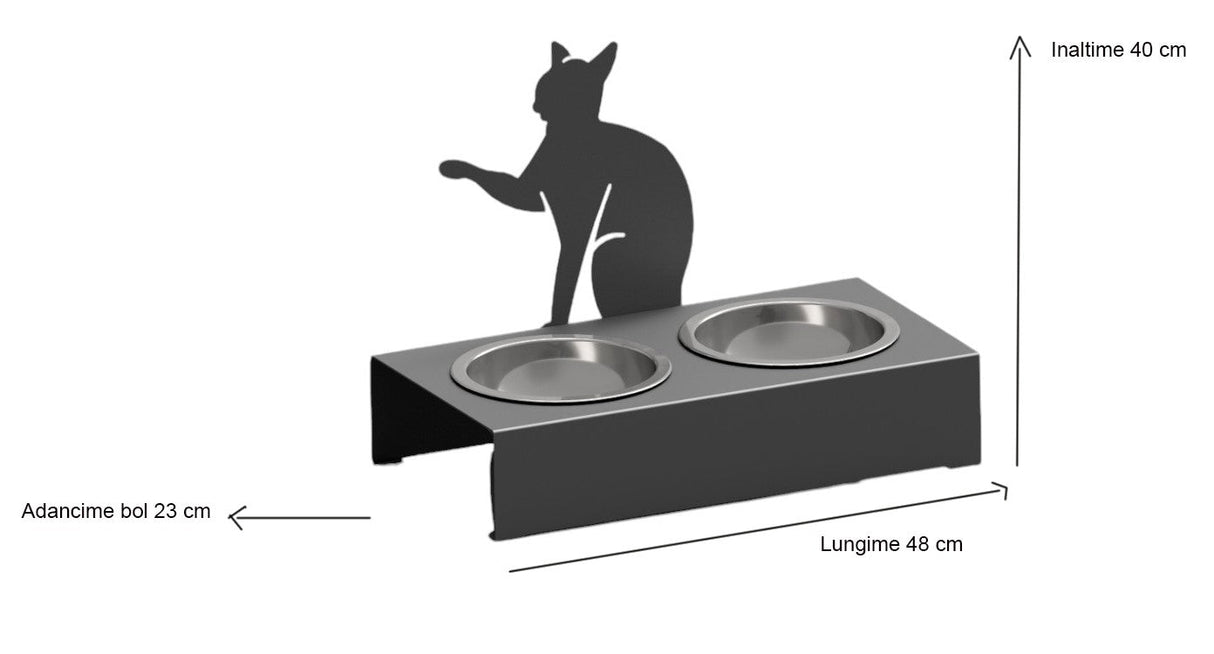Bol pentru mancare si apa pisici , din inox cu decor in forma de pisica 48x40x23cm - BUZ.RO